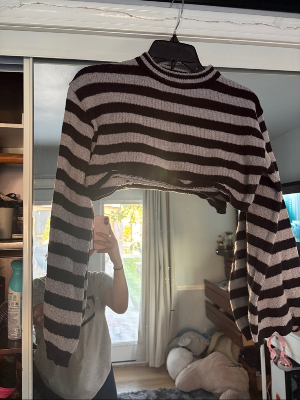 Striped Cropped Knit Sweater in Black and Gray